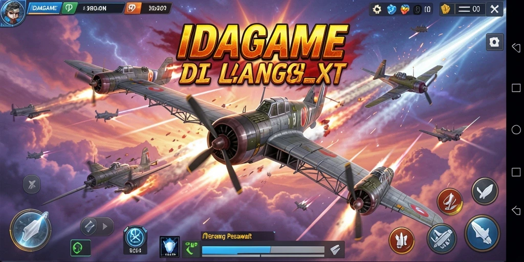 Antarmuka IDAGAME menampilkan pesawat tempur dalam aksi di langit.