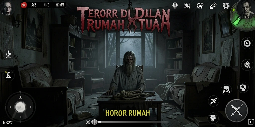 Tampilan antarmuka N32 yang menegangkan dalam suasana rumah horor.