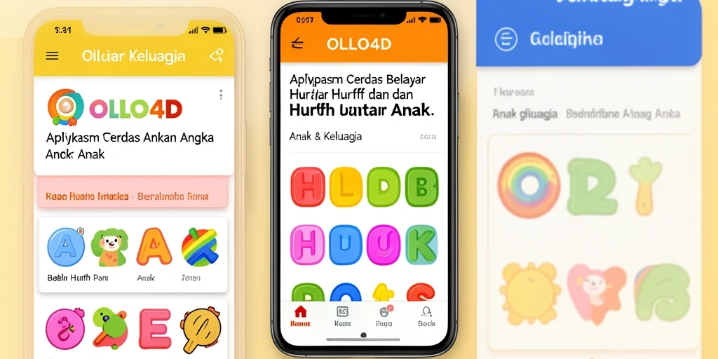 Antarmuka menarik aplikasi OLLO4D untuk belajar huruf dan angka.